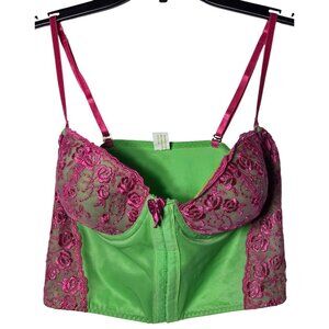 Biatta Intimates Pink Green Lace Corset Bra Crop Top Size 36C Y2K Lingerie 2000s